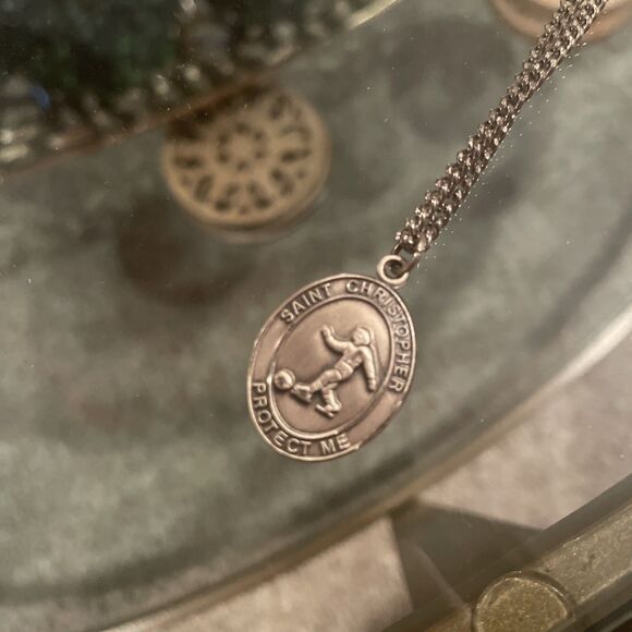 St. Christopher Protect Me Soccer Sterling Silver Medal Stainless Steel Chain - Picture 1 of 5